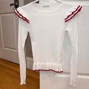 Club Monaco White Ribbed Sweater with Ruffle Detail